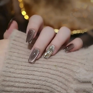 【桥边姑娘】美拉德黑棕猫眼纯手工穿戴甲贴片短中长款显白美甲