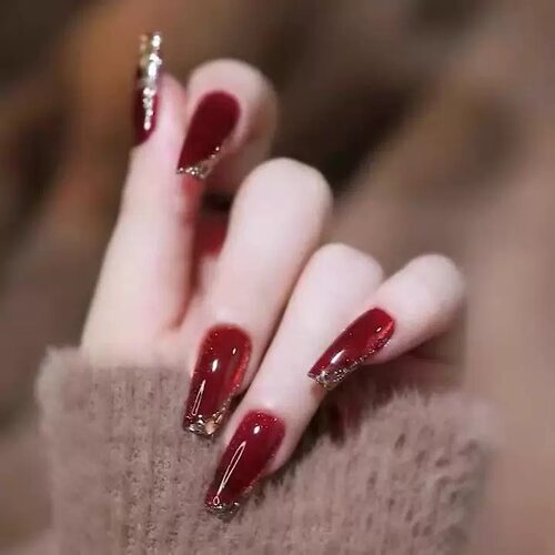 酒红宝石手工法式穿戴甲显白爆闪