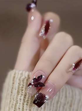 【落日玫瑰】纯手工乌梅子酱紫色穿戴式美甲冰透梯形穿戴甲指甲贴