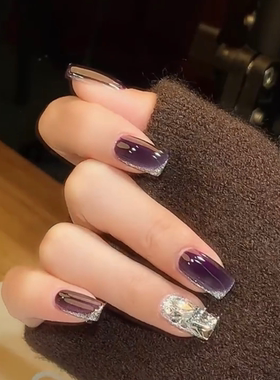 【过往云烟】纯手工紫色美甲烟紫色爆闪穿戴甲片葡萄紫穿戴甲