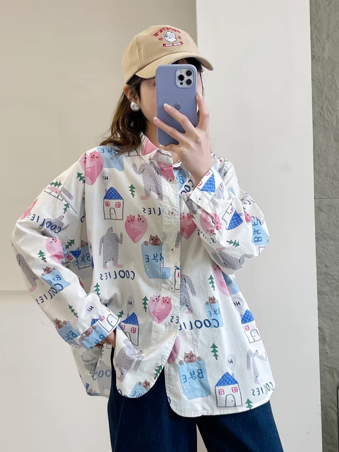 小清新森女系卡通印花翻领长袖衬衫女春秋季新款宽松打底女士上衣