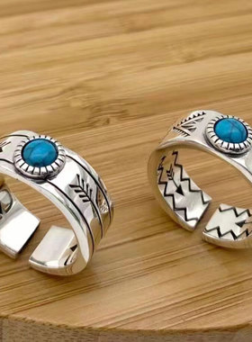 日本潮流饰品 纯银蓝松石戒指开口 男女个性气质原宿风帅气戒指