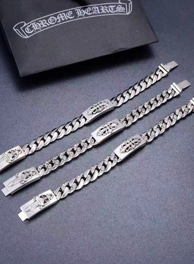 流行饰品欧美925纯银双面十字架手链 朋克帅气潮人复古泰银男手链