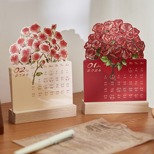 2026年立体玫瑰台历可爱ins风木质日历创意办公室桌面摆件备忘录