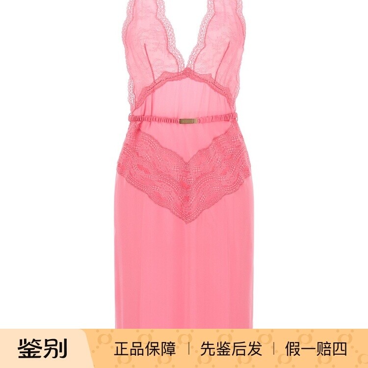GUCCI 古驰粉色挂脖真丝蕾丝连衣裙 2025秋冬新款 意大利代购正品