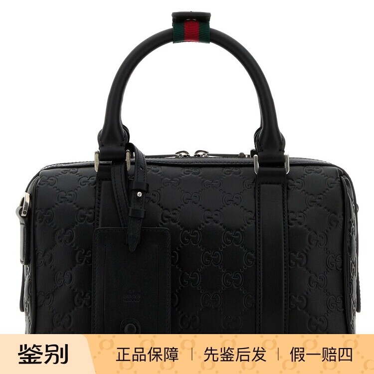 GUCCI 古驰男emblem 黑色小号真皮波士顿包 26早春新款意大利代购