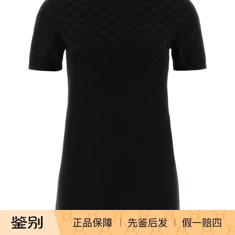 GUCCI 古驰黑色水晶logo羊毛混纺短袖连衣裙25秋冬新款意大利代购