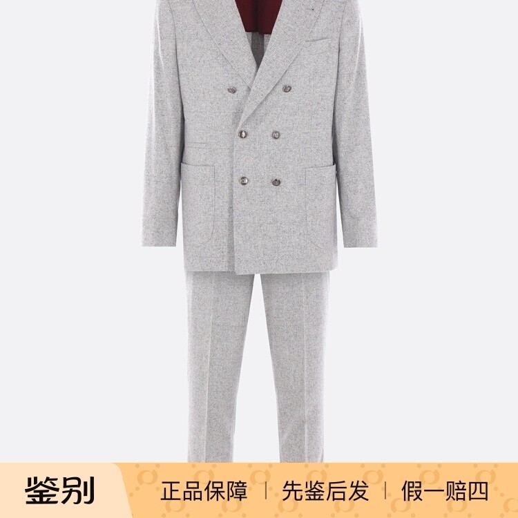 BRUNELLO CUCINELLI男士灰色真丝羊毛双排扣BC西服套装意大利代购