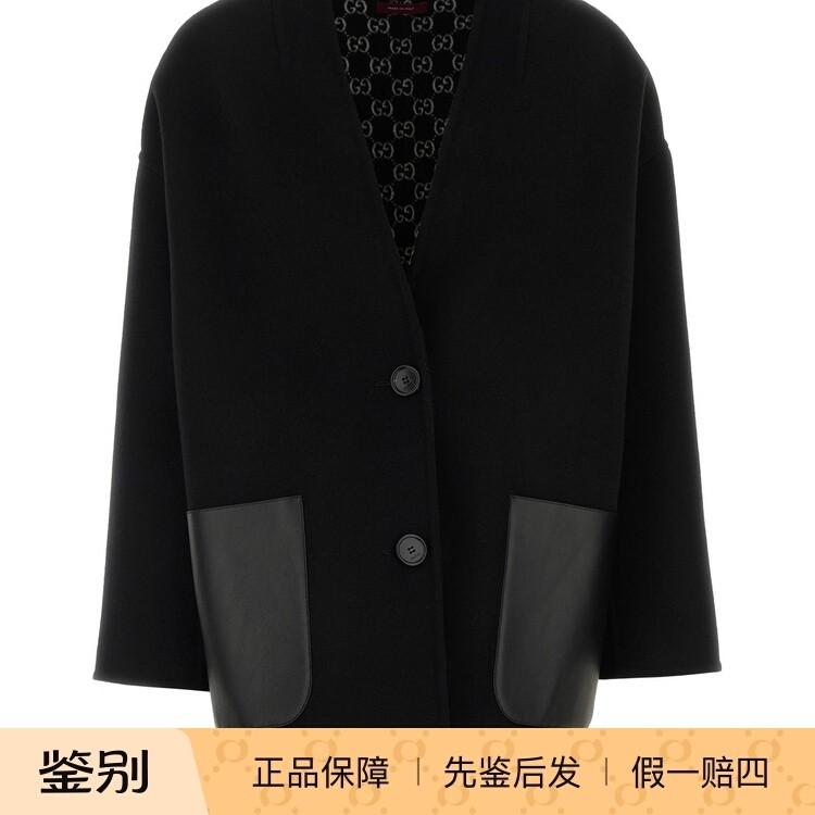 GUCCI 古驰女士黑色双面穿羊毛真丝大衣外套26早春新款意大利代购