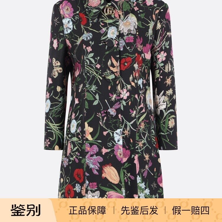 GUCCI 古驰 女士 印花涤纶真丝单排扣风衣 26早春新款 意大利代购