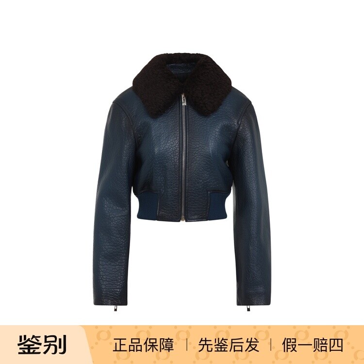 ALAIA 女士蓝色毛领超短拉链皮衣外套 26早春意大利代购 正品鉴别