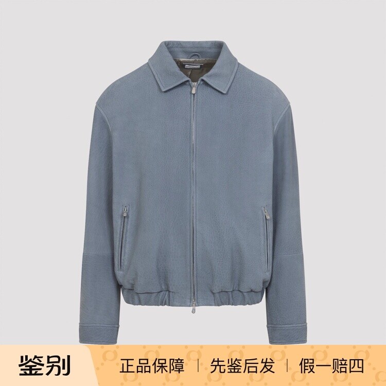 Brunello Cucinelli男士蓝色翻领拉链真皮bc皮衣26早春意大利代购
