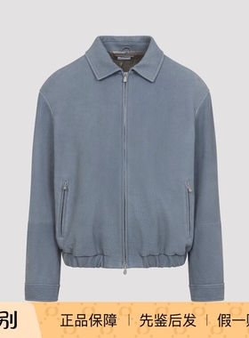 Brunello Cucinelli男士蓝色翻领拉链真皮bc皮衣26早春意大利代购