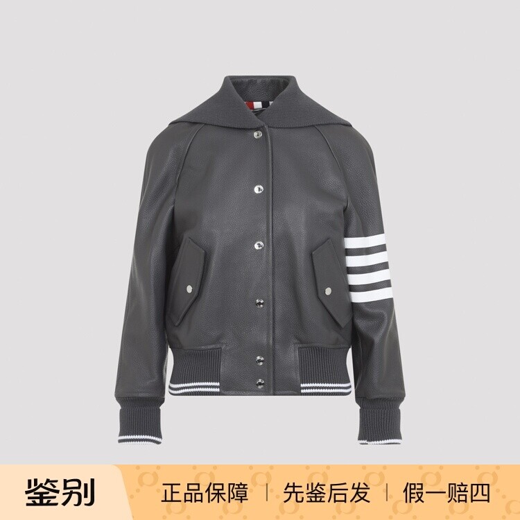 Thom Browne 女士 深灰色 粒面皮革 针织领皮衣 意大利代购26秋冬