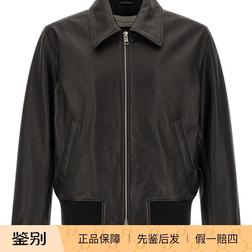 AMI PARIS 男士黑色羊皮翻领拉链皮衣 26早春新款 意大利代购正品