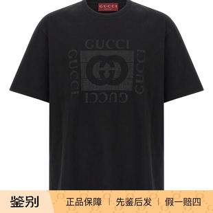 GUCCI 古驰男士黑色短袖圆领双G印花T恤 2026秋冬新款 意大利代购