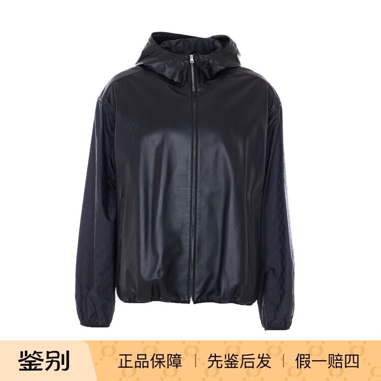 GUCCI 古驰男士黑色真皮尼龙拼接连帽夹克 26早春新款 意大利代购