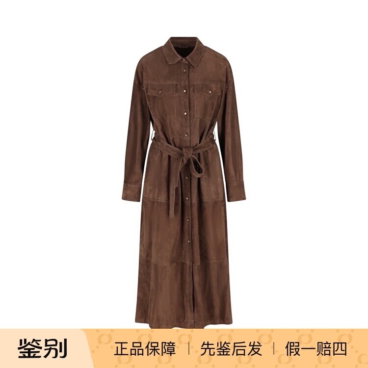 BRUNELLO CUCINELLI 棕色BC真皮衬衫连衣裙 25秋冬新款意大利代购