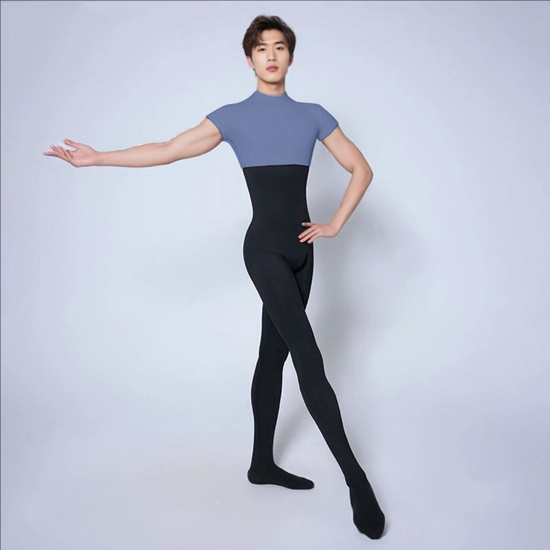 芭蕾舞蹈服男士紧身连体连脚袜形体衣训练演出短袖练功立领拉链弹