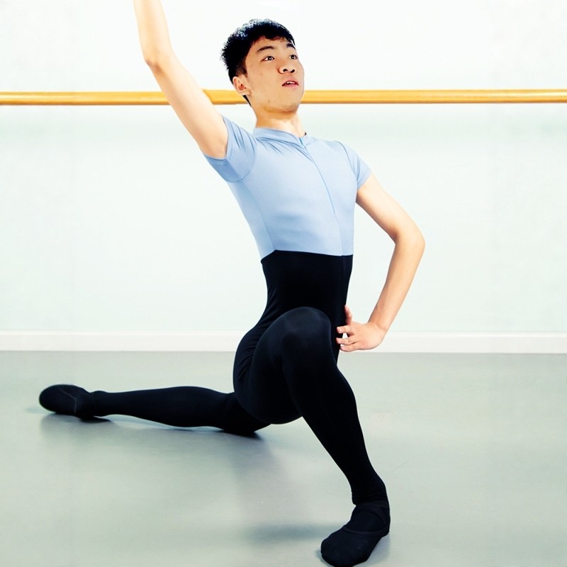 芭蕾舞蹈服男士紧身连体连脚带袜紧身衣舞蹈演出训练短袖练功中国