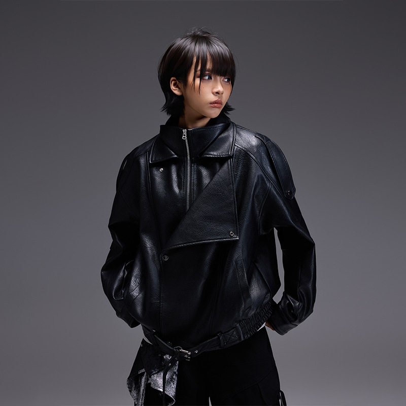 拓谷设计师潮牌解构PU皮衣女装宽松机车服高级感夹克短款外套秋装
