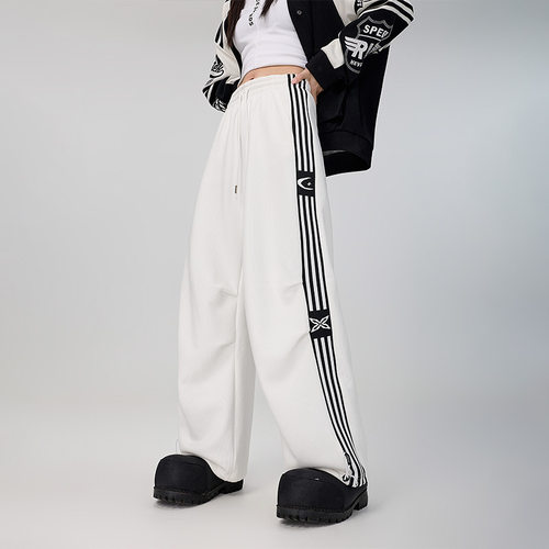 拓谷美式加绒加厚阔腿卫裤女秋冬款潮牌三道杠休闲抽绳伞兵运动裤