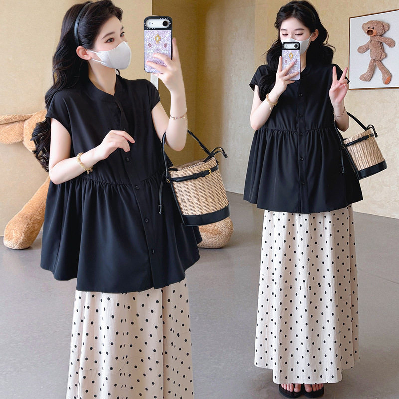 孕妇夏新款宽松新款落肩袖黑色衬衫娃娃衫上衣棉麻波点半身裙套装