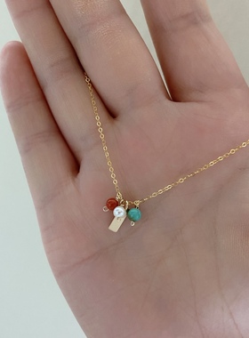 复古绿松石红玛瑙珍珠吊坠