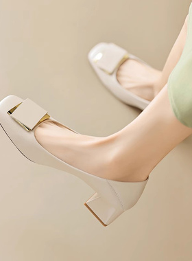 真皮单鞋女2026春季新款粗跟高跟鞋高级感方头黑色工作鞋小码33