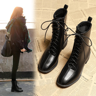 中跟马丁靴女2023年秋季新款时尚系带方头短靴粗跟及裸靴春秋单靴