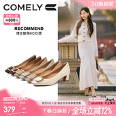 方头真皮百搭气质方扣漆皮通勤黑色高跟鞋 新款 女粗跟秋季 康莉单鞋