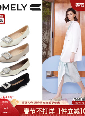 summer同款康莉水钻方扣单鞋女2025春季新款真皮法式金色平底鞋子