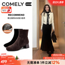 康莉羊皮粗跟短靴女2025冬季新款棕色靴子美拉德气质通勤时装靴