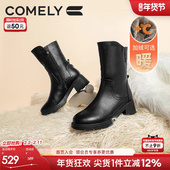 新款 康莉商场新款 加绒短靴女靴冬季 真皮羊毛里粗跟中筒靴保暖靴子