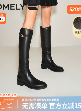 康莉王子璇同款真皮骑士靴女秋冬圆头粗跟牛皮加绒黑色长筒靴靴子