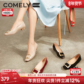 女春季 新款 方扣漆皮气质百搭平底鞋 康莉粗跟单鞋 舒适通勤女鞋 黑色