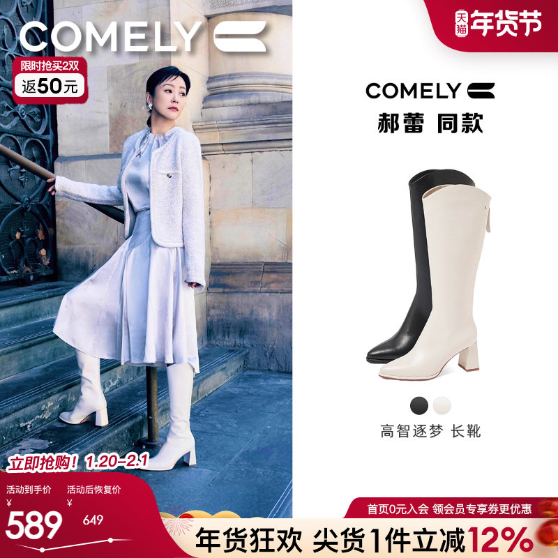 郝蕾同款康莉高跟V口骑士靴女冬季粗跟显高尖头小个子白色长靴子,女鞋,骑士靴,淘宝优惠券,粉丝福利购,淘宝优惠卷