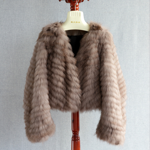 2025年进口狐狸毛皮草外套短款 车条狐狸毛大衣 V领晕染紫貂色阔袖