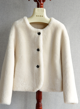 2025年澳洲美利奴羊毛外套短款圆领皮毛一体皮草大衣时尚女式秋冬