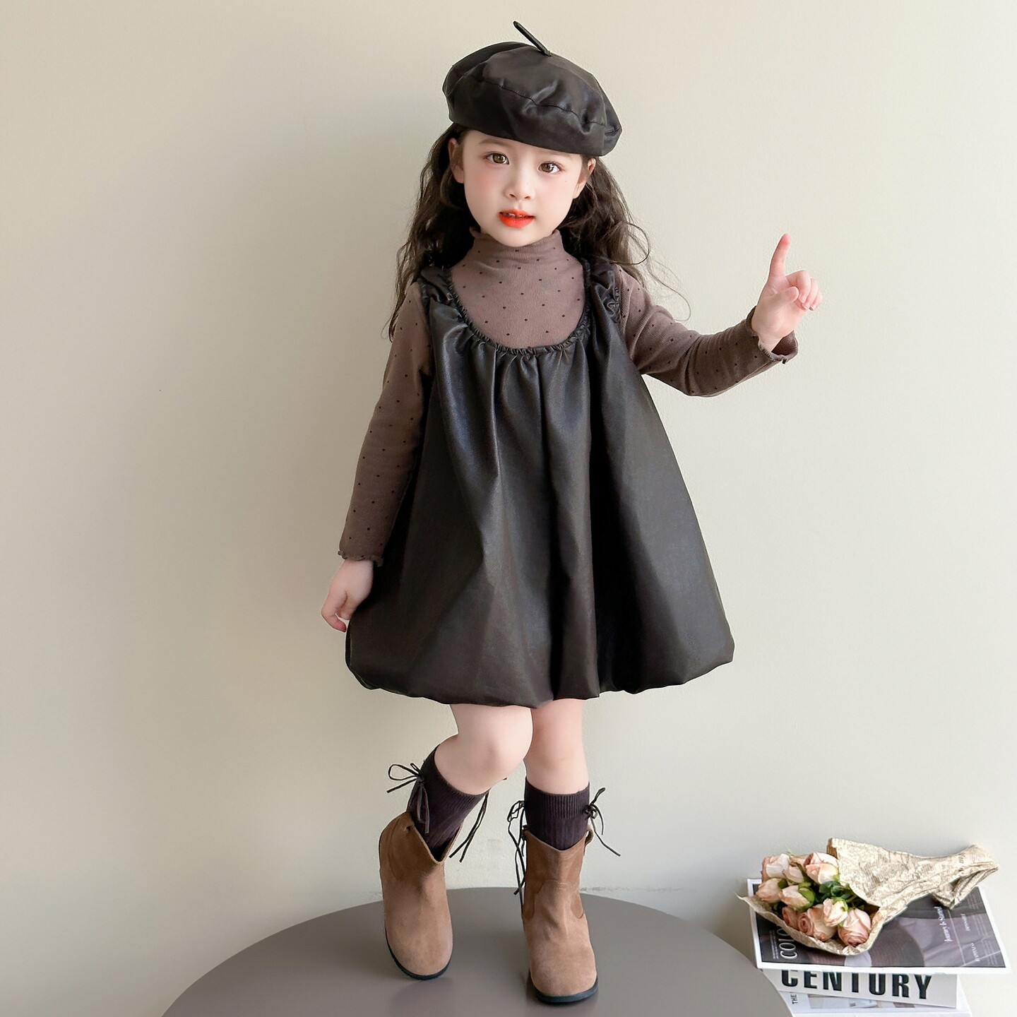 女童皮裙背心裙套装秋装新款韩版儿童女宝圆点打底衫裙子两件套潮