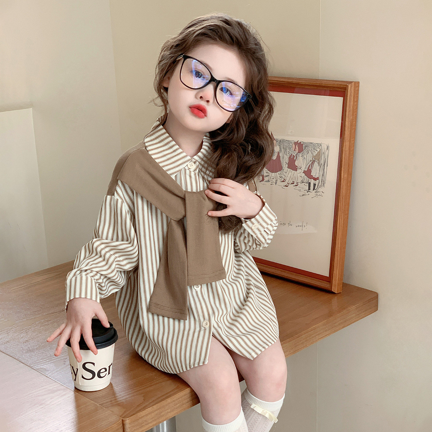 女童长袖衬衣秋装2025新款儿童女宝宝时尚条纹披肩衬衫假两件上衣