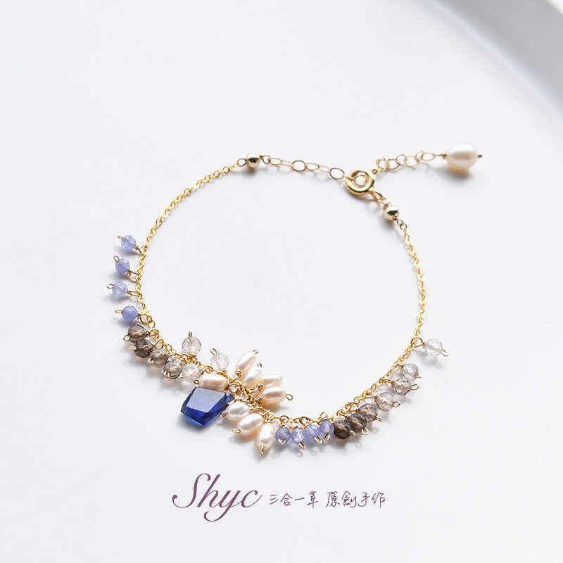 9月诞生石天然蓝宝石淡水珍珠美国14K包金仙气流苏原创幸运手链