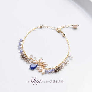 9月诞生石天然蓝宝石淡水珍珠美国14K包金仙气流苏原创幸运手链