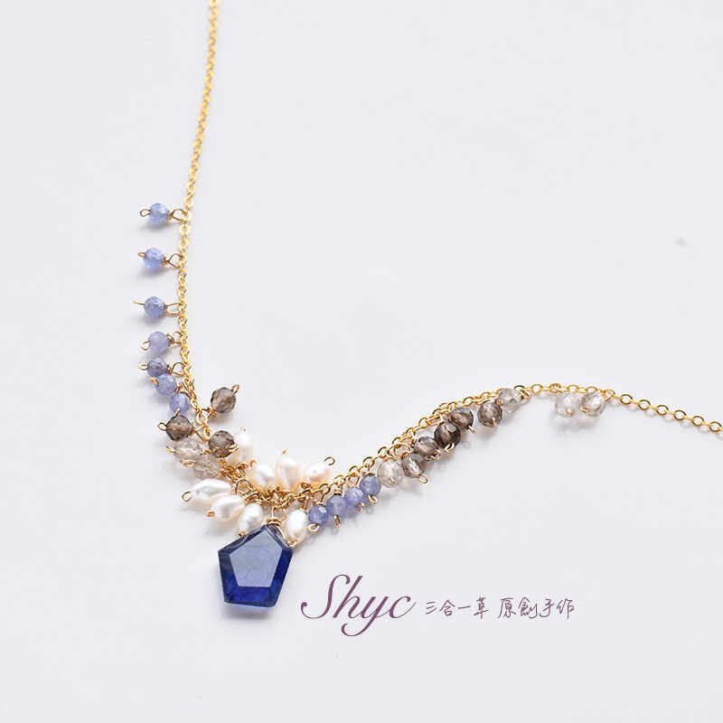 9月诞生石天然蓝宝石淡水珍珠美国14K包金仙气流项链颈链锁骨链