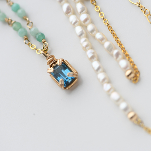 「靛」天然伦敦蓝托帕石祖母绿淡水珍珠美国注金温柔气质项链颈饰