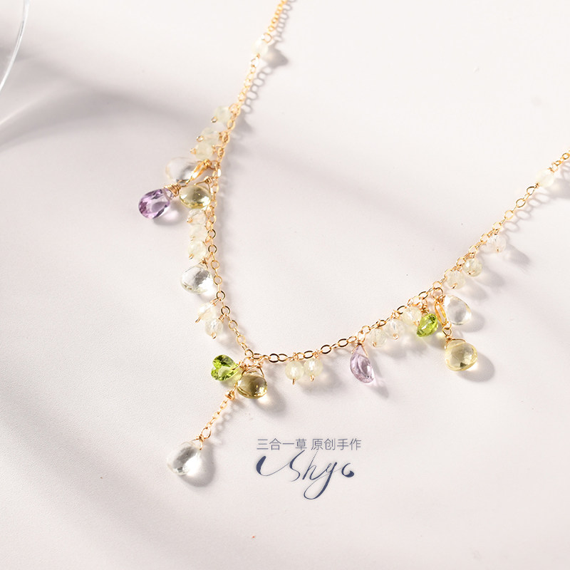 草间花影-原创设计天然橄榄石紫水晶美国注金优雅仙气流苏项链