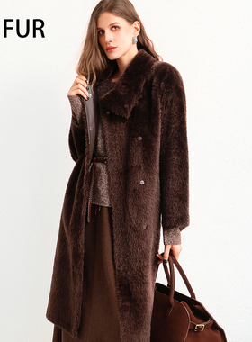 UJ/进口西班牙拉贡皮毛一体 设计师宽松外套 长款翻领休闲冬季女