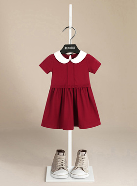 伯米吉夏新女宝宝棉公主裙枣红色女童娃娃领气质生日连衣裙14931