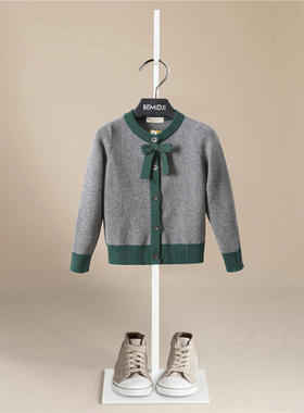 伯米吉秋冬童装女童宝宝洋气英伦公主风灰色毛衣开衫外套韩版7006