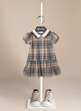 伯米吉夏新款灰色女童短袖polo领连衣裙中小童纯棉格子宝宝裙1450